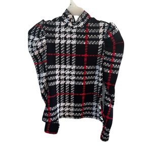 Contemporary puff shoulder long sleeve with plaid design women’s size medium
